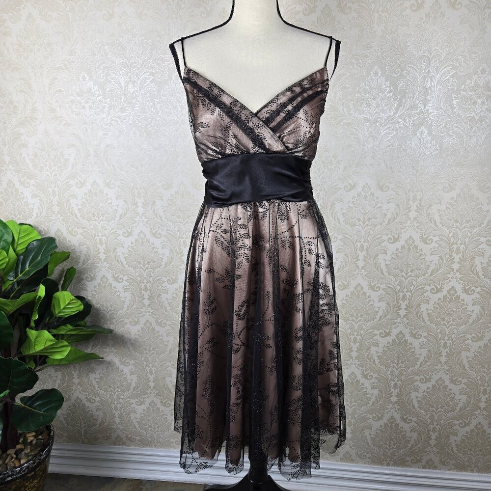 Onyx Nite Sz 14 Black Sparkle Nude Lining Party Cocktail Dress Black Waist Sash